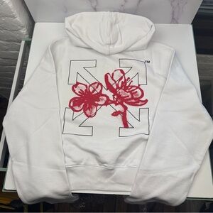 Off-White Women's Crop Top Hoodie - White with Red Floral Design